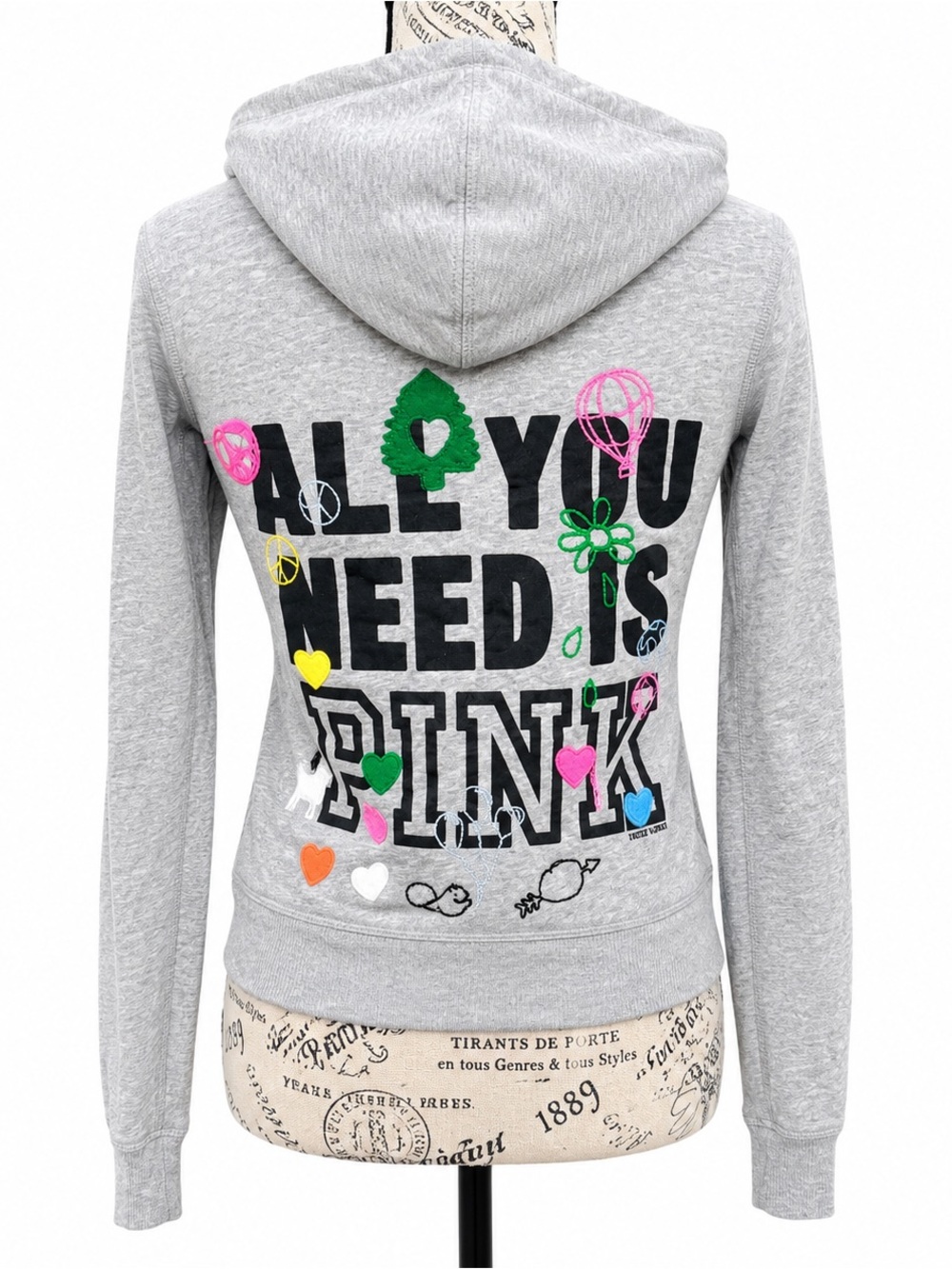 PINK Victoria's Secret Gray Hooded Zip Sweatshirt with Colorful Graphic